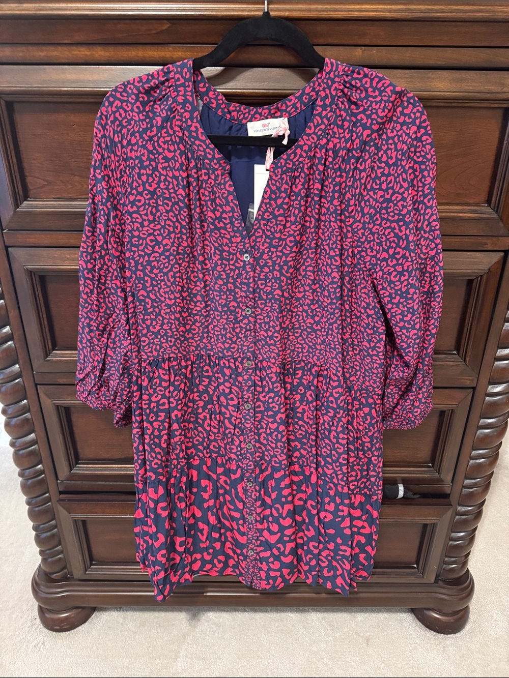 Vineyard Vines Pink and Navy Leopard Tiered Mini Dress